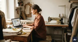 Właścicielka pracowni krawieckiej przegląda stronę firmy na laptopie