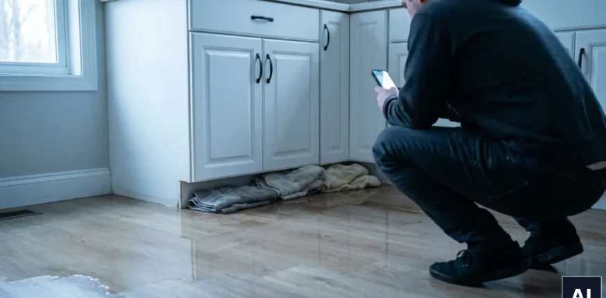 Zalana podłoga w mieszkaniu i pierwsze czynności porządkowe po awarii instalacji wodnej